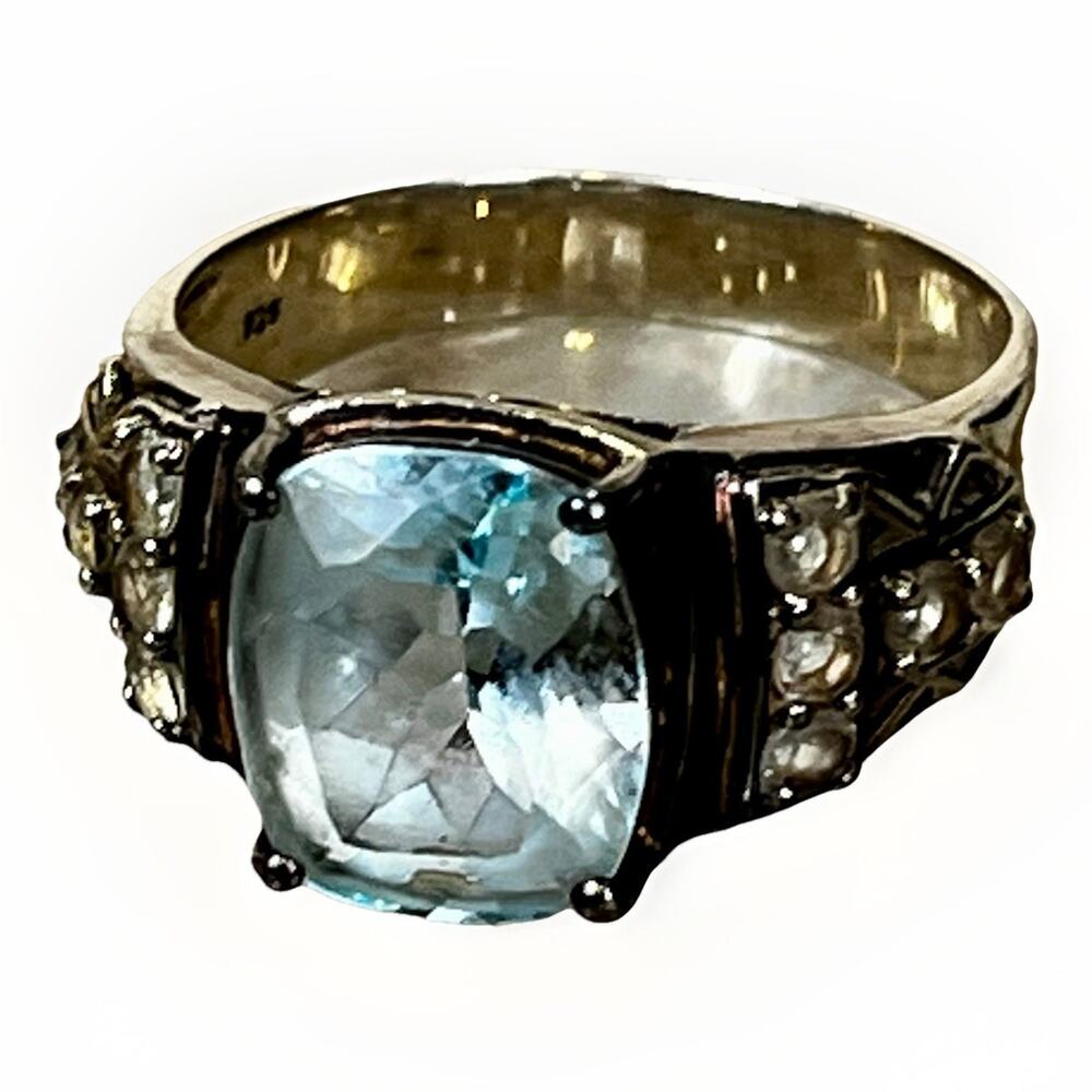 Vintage 925 Sterling Silver Natural Blue Topaz & CZ Ring Size 11 - 6.1g